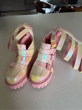 Sugar Thrillz Iridescent Pink Holographic Strappy Platform Boots